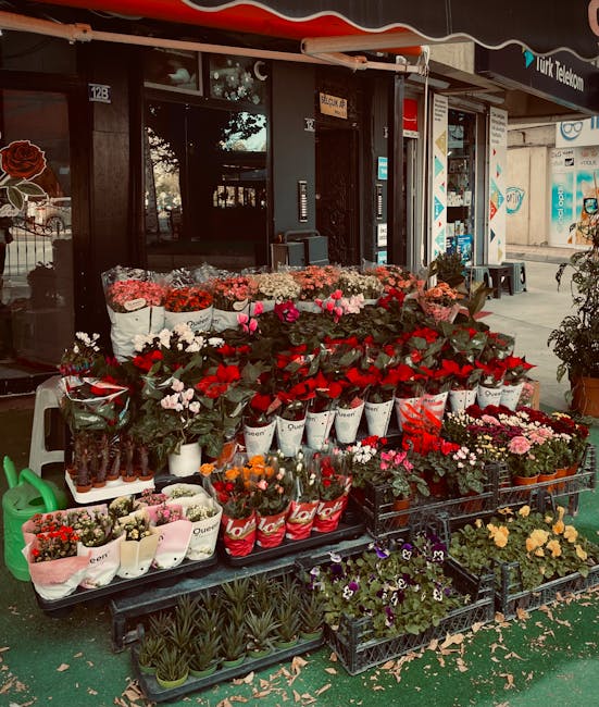 A vibrant display of fresh flowers arranged outside a flower shop in Colindale, featuring a variety of colorful blooms including red roses, pink tulips, and mixed garden flowers, all neatly arranged i